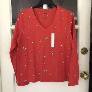 Sonoma Women L/S Everday Tee Red Flower Print Size 4X  100% Cotton New G4